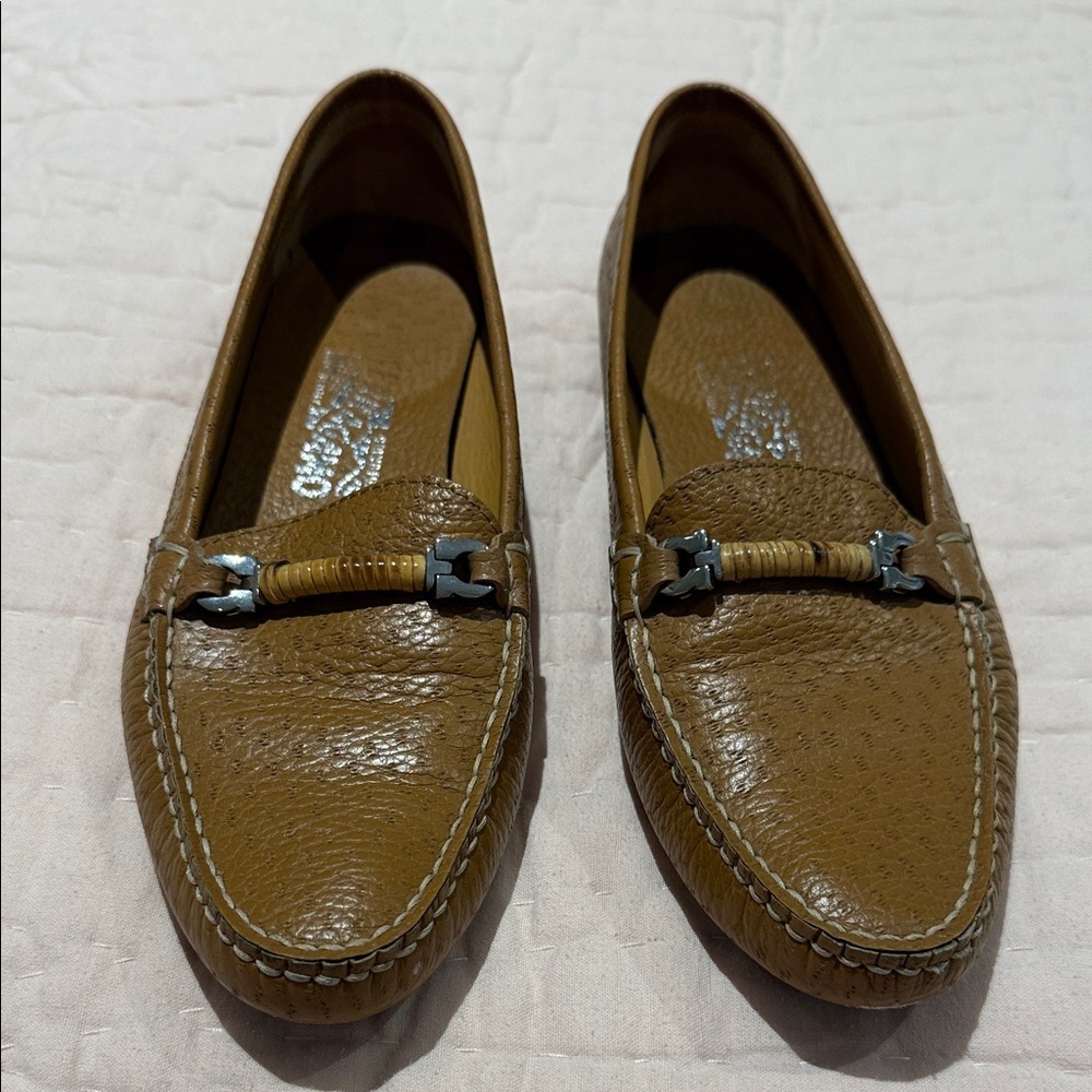 Ferragamo Brown Driver Leather Loafers with Metal Detail Women 8.5